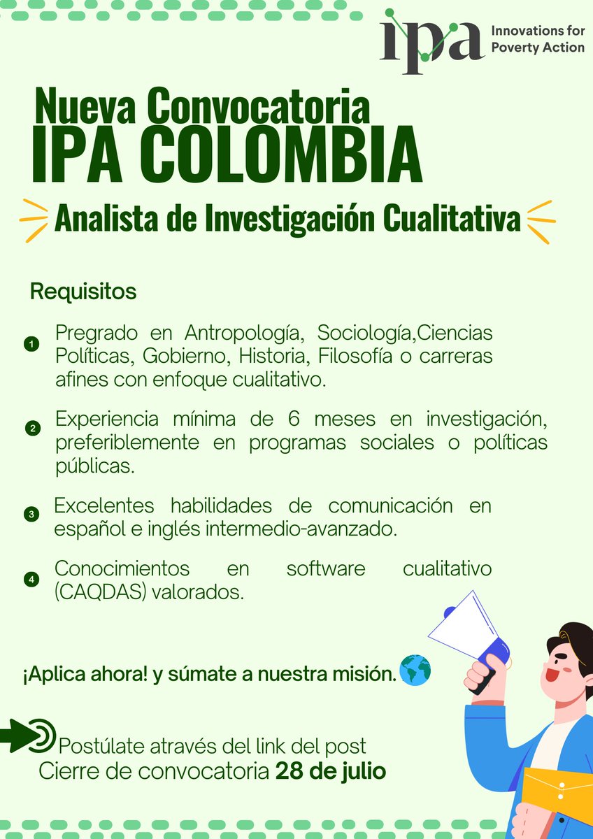 🚀¡Oportunidad emocionante en IPA 🇨🇴! Buscamos un Analista de Investigación Cualitativa. Si tienes un título en Antropología, Sociología, Ciencias Políticas, etc., y al menos 6 meses de experiencia, este rol es para ti. Aplica antes del 28 de julio: poverty-action.org/qualitive-rese…
