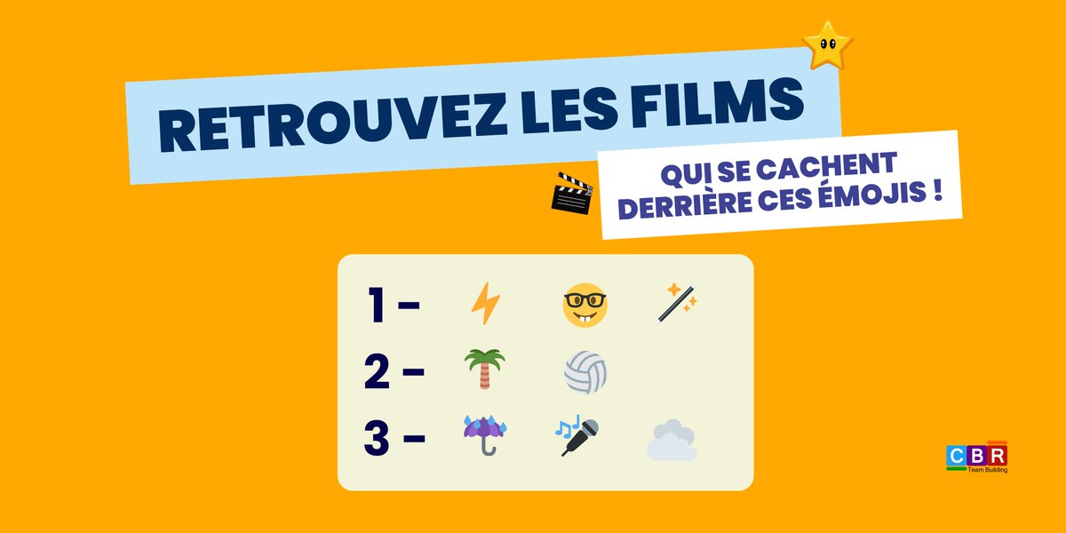 CBRTeamBuilding's tweet photo. À l'occasion de la journée mondiale des Emoji, on vous présente notre nouveau quiz cinéma : saurez-vous retrouver les titres de ces trois films cultes ? ;) 

#films #WorldEmojiDay #cinema #teambuilding https://t.co/qMnA7j6PRh