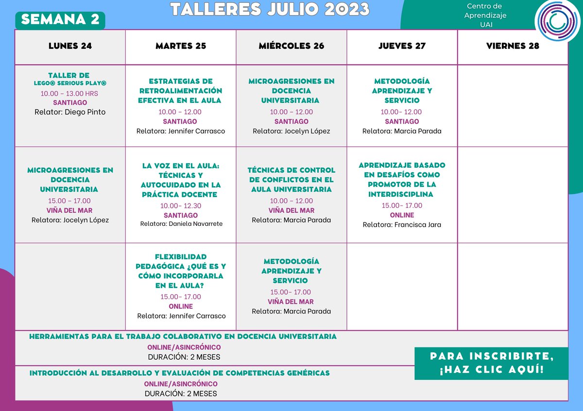 Talleres para Docentes, abierta la segunda semana, revisa y anótate.

Puedes revisar tu correo si eres docente UAI.

Si eres de otra institución de educación superior, puedes enviar un correo a centrodeaprendizaje@uai.cl