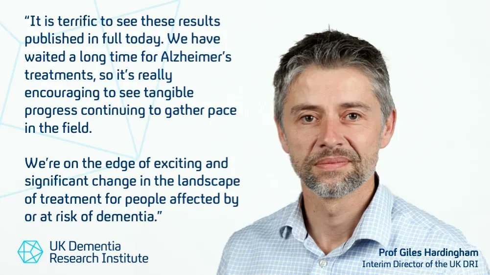 Terrific news today as results from phase 3 trial of #Alzheimers drug donanemab presented at #AAIC23 confirm the drug significantly reduced amyloid in the brain & slowed disease progression👏 🧠 UK DRI researchers comment on the encouraging results🙌 👉buff.ly/3K0pr1c