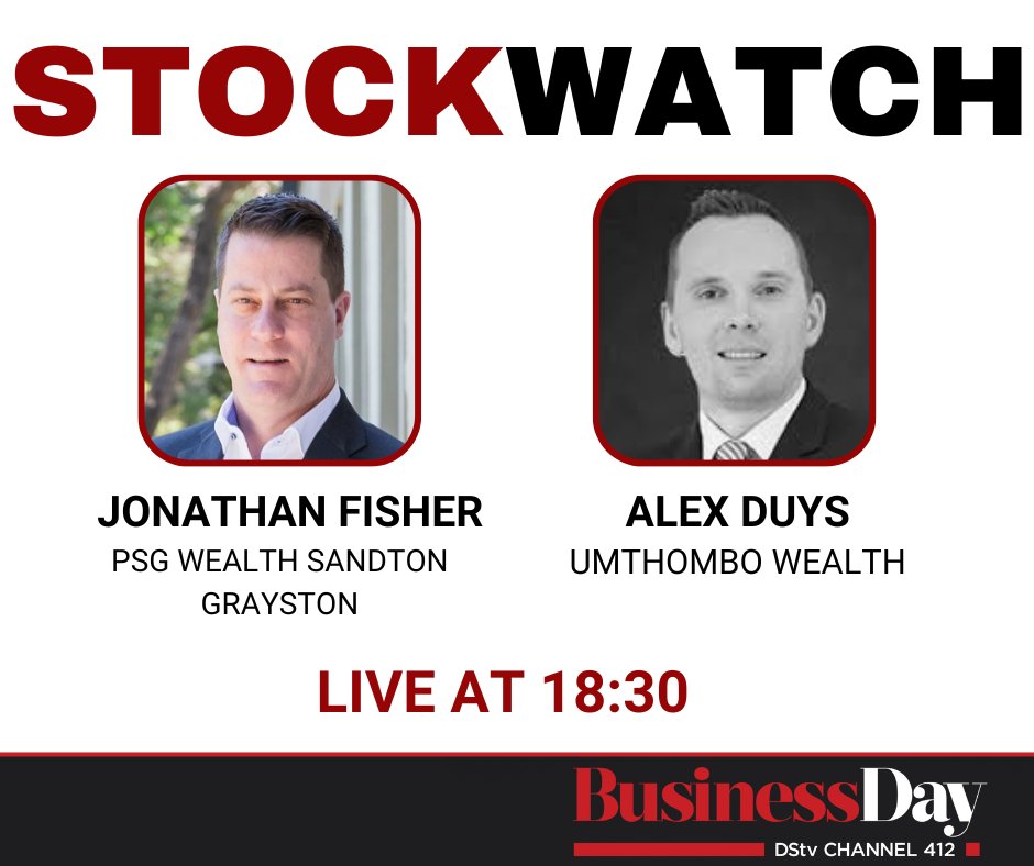 BusinessDayTV's tweet image. TONIGHT ON #STOCKWATCH:

We sit down with Jonathan Fisher and Alex Duys, as they unpack your stock-related questions.

CATCH IT LIVE!

Only on DSTV #Channel412 with @GTalevi