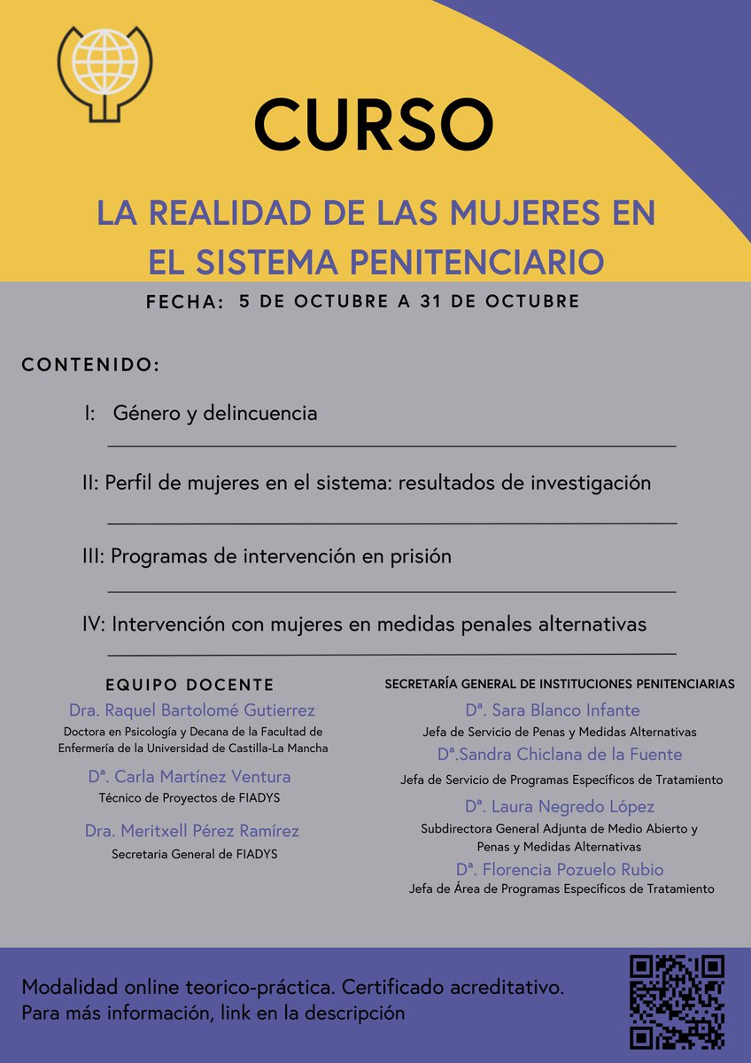 FIADYS (@fiadys) on Twitter photo ¡Se encuentra disponible la inscripción a nuestro curso "La realidad de las mujeres en el sistema penitenciario"!
❗️No os perdáis este curso, que comienza el 5 de octubre, a cargo de grandes profesionales. 
Podéis inscribiros en el siguiente enlace:
elearning.fiadys.org/courses/curso-… ¡Se encuentra disponible la inscripción a nuestro curso "La realidad de las mujeres en el sistema penitenciario"!
❗️No os perdáis este curso, que comienza el 5 de octubre, a cargo de grandes profesionales. 
Podéis inscribiros en el siguiente enlace:
elearning.fiadys.org/courses/curso-…
