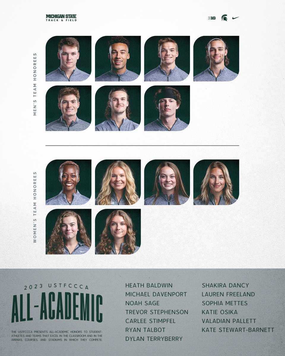 MSU_TFXC's tweet photo. 1️⃣3️⃣ Spartans have been named @USTFCCCA All-Academic Athletes for the 2023 track &amp; field season! The men's and women's programs were also both recognized as All-Academic Teams.

📰 https://t.co/bkwYtwOTZ6

#GoGreen https://t.co/ZhNYAY4J1a