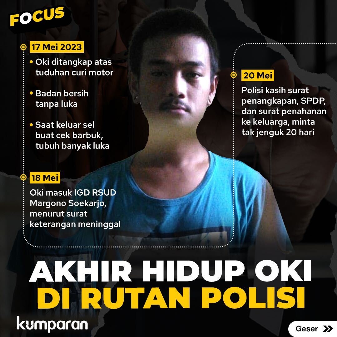 kumparan's tweet photo. Begini kronologi Oki Kristodiawan (26) sejak ditangkap tim dari Polresta Banyumas hingga akhirnya tewas di rutan dengan tubuh dipenuhi luka dan sayatan. #focus #okibanyumas #news #infografis https://t.co/cO7Gbc1kOn