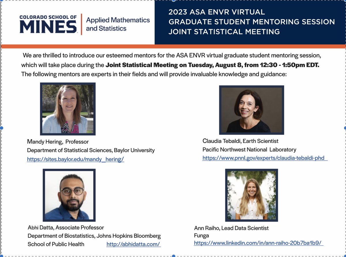 This is such a great opportunity for env stat students! Join <a href="/AmstatNews/">ASA</a> ENVR's virtual graduate student #JSM2023 mentoring session Tues 8/8, 12:30-1:50p EDT. Reg still open through 7/28! forms.office.com/pages/response…