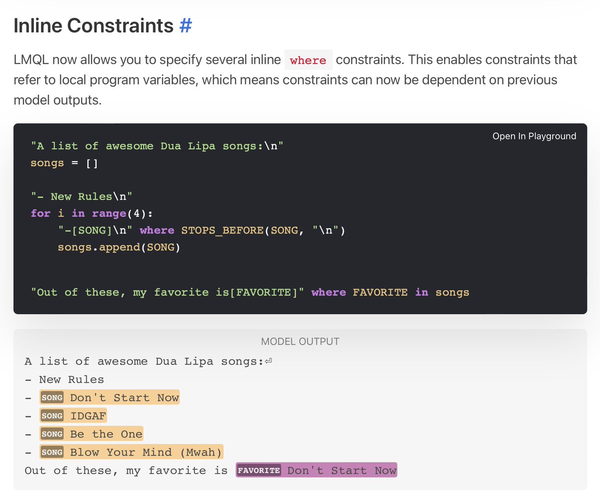 lmqllang's tweet photo. LMQL 0.0.6.5 includes a massive syntax overhaul!
Query code looks just like 🐍Python now and constraints can be specified inline.
This allows novel programs to be expressed, where earlier generations can now constrain later ones.
Docs: https://t.co/11laXzfaWD
#lmql https://t.co/0objsOUiKd