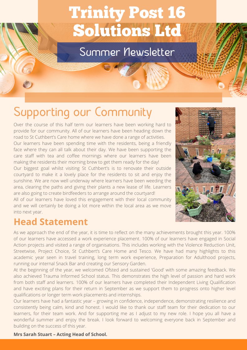 TrinityPost16's tweet photo. As the school year comes to an end, we have had many experiences and created great memories with staff, learners parents, and carers.
Read through the final #newsletter of the year to see how this last term has turned out and what exciting things await us come September! https://t.co/RpDqGXDeBo