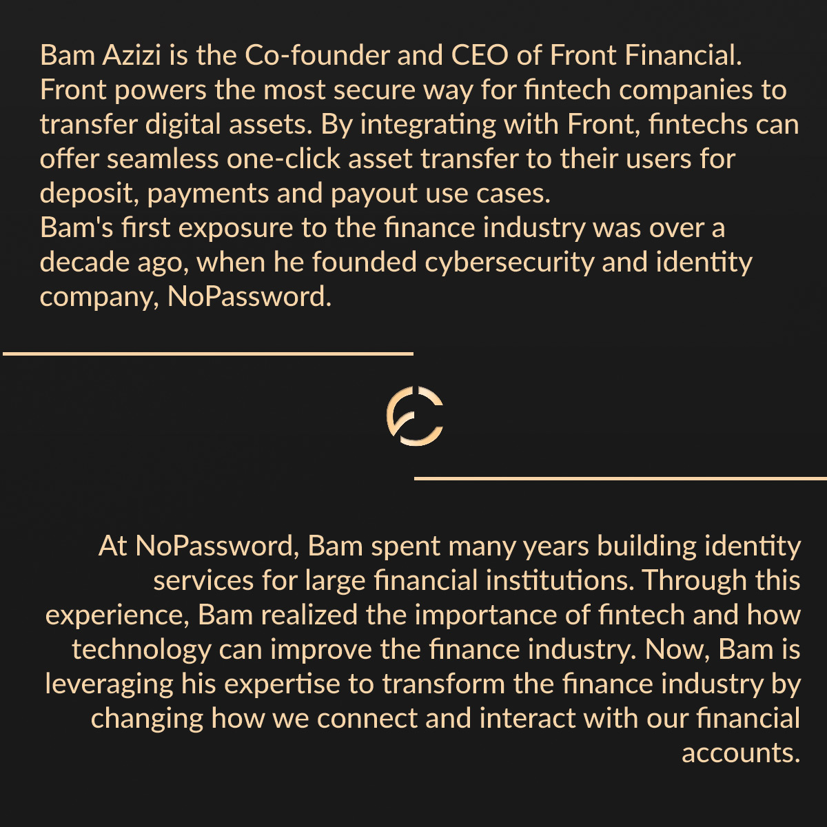 FinancialClubUS's tweet photo. Member Spotlight: @bamazizii, CEO and Co-founder, @frontfinanceapi.
Prior to Front Finance, Bam founded cybersecurity and identity company, @NoPasswordInc (acquired by @LogMeIn).
Catch Bam at the upcoming Financial Club gatherings in SF and NYC -> https://t.co/uATK1d3Glt https://t.co/4tMIBEMGer