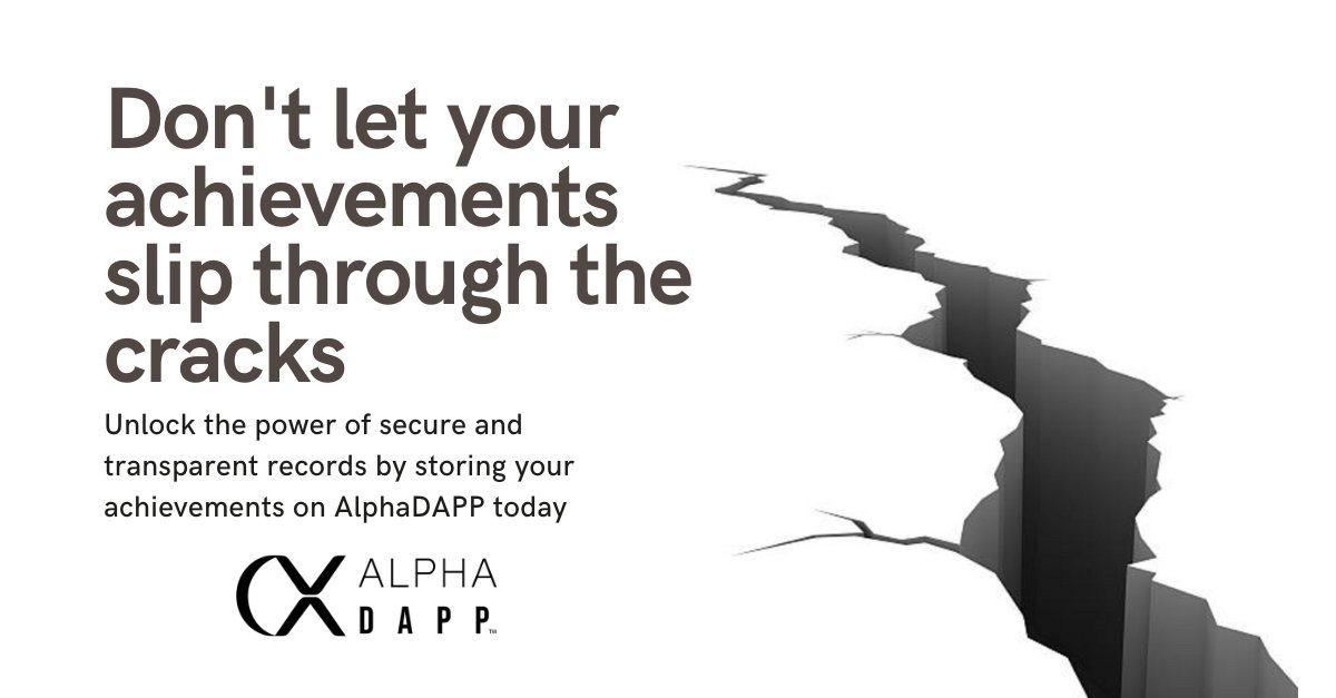 AlphaDapp's tweet photo. Don't let your achievements slip through the cracks
⚡️Unlock the power of secure and transparent records
Visit https://t.co/Jp2V7viMZG to store your achievements on AlphaDAPP today! #DAPP #blockchain https://t.co/xcXsCedZjX