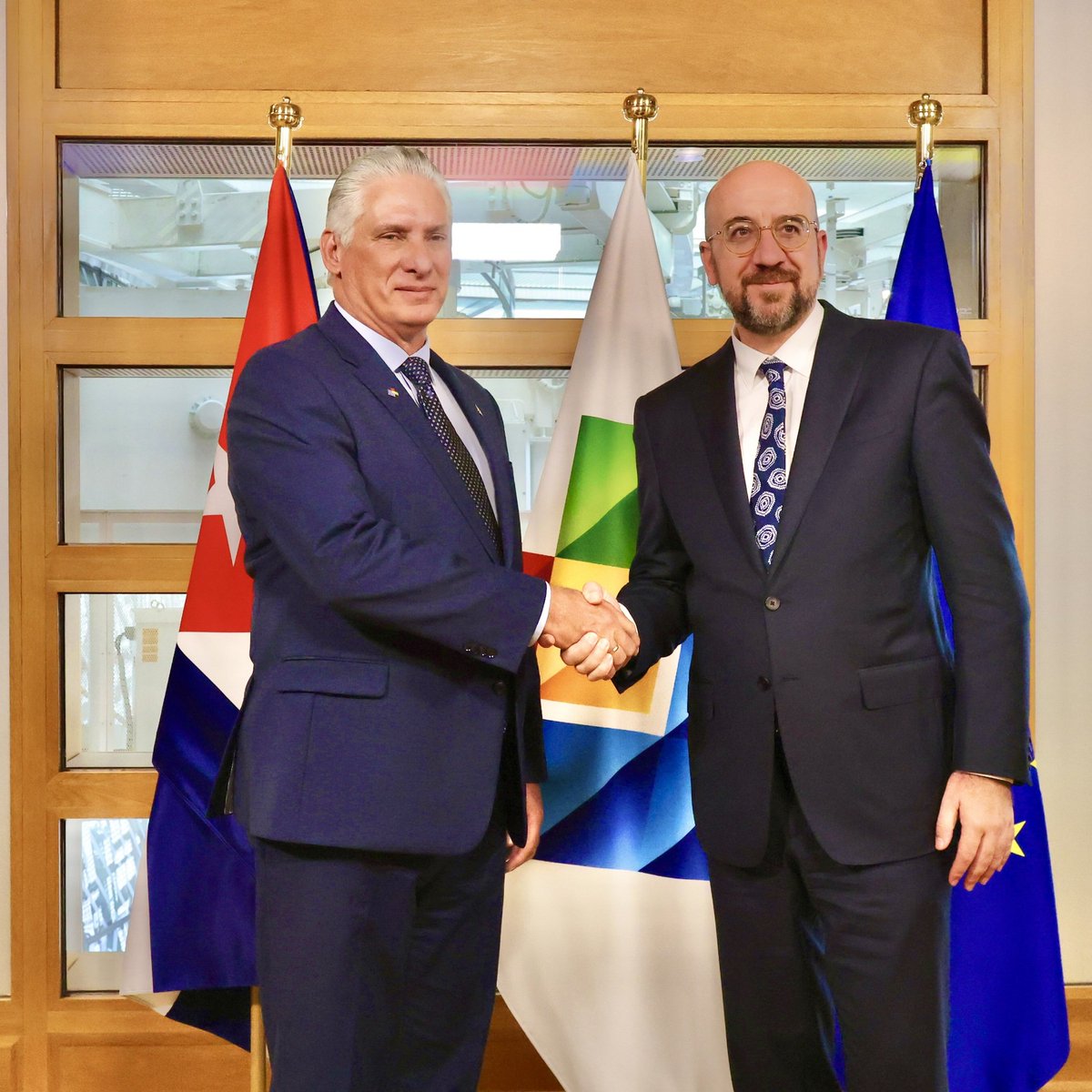 BrunoRguezP's tweet photo. En encuentro con el presidente del Consejo Europeo, @CharlesMichel, el Pdte @DiazCanelB ratificó disposición de #Cuba de iniciar el 4º ciclo de implementación del ADPC, potenciando elementos nos unen, y de continuar desarrollando el diálogo político y los vínculos birregionales. https://t.co/IMwOzJXN5l