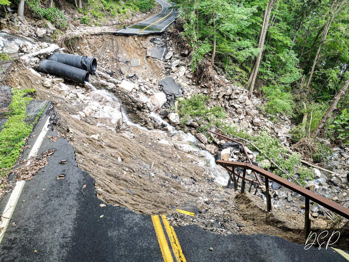 BlaiseGomez12's tweet photo. STORM DAMAGES 😳 New drone images capture devastating extent of storm damages on now-closed Route 218. 
📷 David Sirota Photography/Studio96 https://t.co/uFcokLVUqq