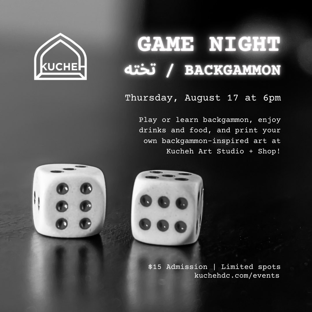 DC folks! Join us Thursday, August 17 at 6pm for an evening of backgammon, food, drink, music, and art! Sign up for the tournament or come learn how to play the game 😎: kuchehdc.com/events/game-ni…