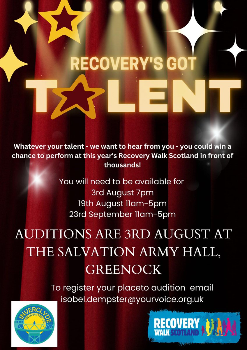 Your Voice Inverclyde (@yourvoiceinver) on Twitter photo ✨ Calling all future stars! ✨
Get your ACT together - sign up and register to audition!
isobel.dempster@yourvoice.org.uk
Winners have a chance to perform at this year's Recovery Walk Scotland, in front of thousands of people! 🤩
<a href="/RecWalkScot/">Recovery Walk Scotland</a> #recovery #talentshow #greenock ✨ Calling all future stars! ✨
Get your ACT together - sign up and register to audition!
isobel.dempster@yourvoice.org.uk
Winners have a chance to perform at this year's Recovery Walk Scotland, in front of thousands of people! 🤩
<a href="/RecWalkScot/">Recovery Walk Scotland</a> #recovery #talentshow #greenock