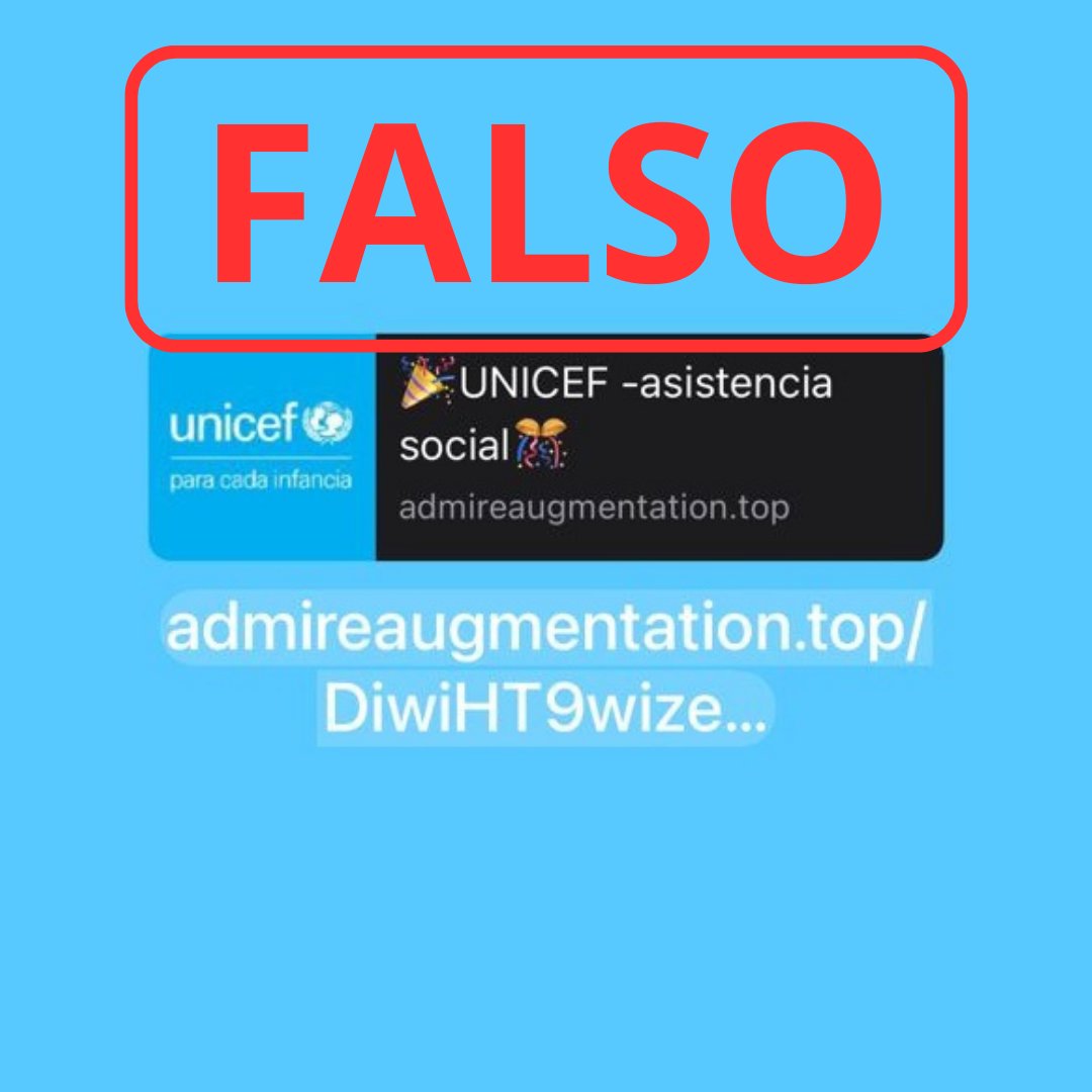 unicefvenezuela's tweet photo. 🚨#Atención seguidores 🚨 

Este mensaje que está circulando en redes sociales y por WhatsApp es FALSO y se trata de una ESTAFA.

UNICEF no está entregando ningún premio en dinero a través de ningún enlace.  

Por favor RT. https://t.co/n2qt4iAx3q