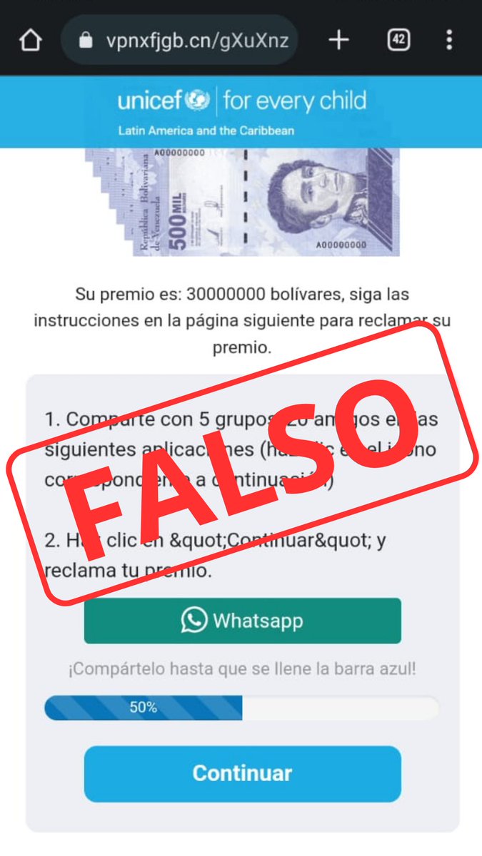 unicefvenezuela's tweet photo. 🚨#Atención seguidores 🚨 

Este mensaje que está circulando en redes sociales y por WhatsApp es FALSO y se trata de una ESTAFA.

UNICEF no está entregando ningún premio en dinero a través de ningún enlace.  

Por favor RT. https://t.co/n2qt4iAx3q