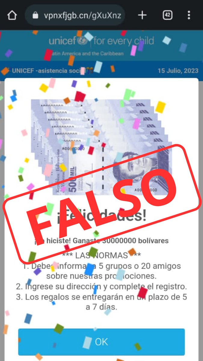 unicefvenezuela's tweet photo. 🚨#Atención seguidores 🚨 

Este mensaje que está circulando en redes sociales y por WhatsApp es FALSO y se trata de una ESTAFA.

UNICEF no está entregando ningún premio en dinero a través de ningún enlace.  

Por favor RT. https://t.co/n2qt4iAx3q