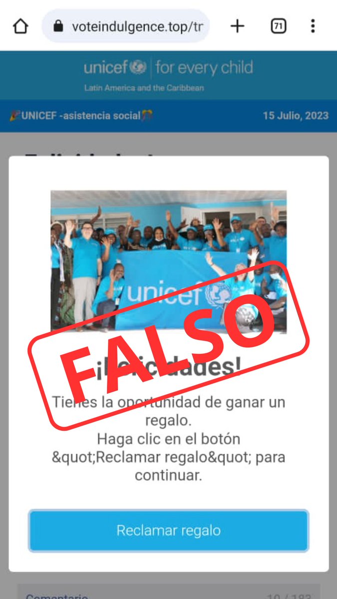unicefvenezuela's tweet photo. 🚨#Atención seguidores 🚨 

Este mensaje que está circulando en redes sociales y por WhatsApp es FALSO y se trata de una ESTAFA.

UNICEF no está entregando ningún premio en dinero a través de ningún enlace.  

Por favor RT. https://t.co/n2qt4iAx3q