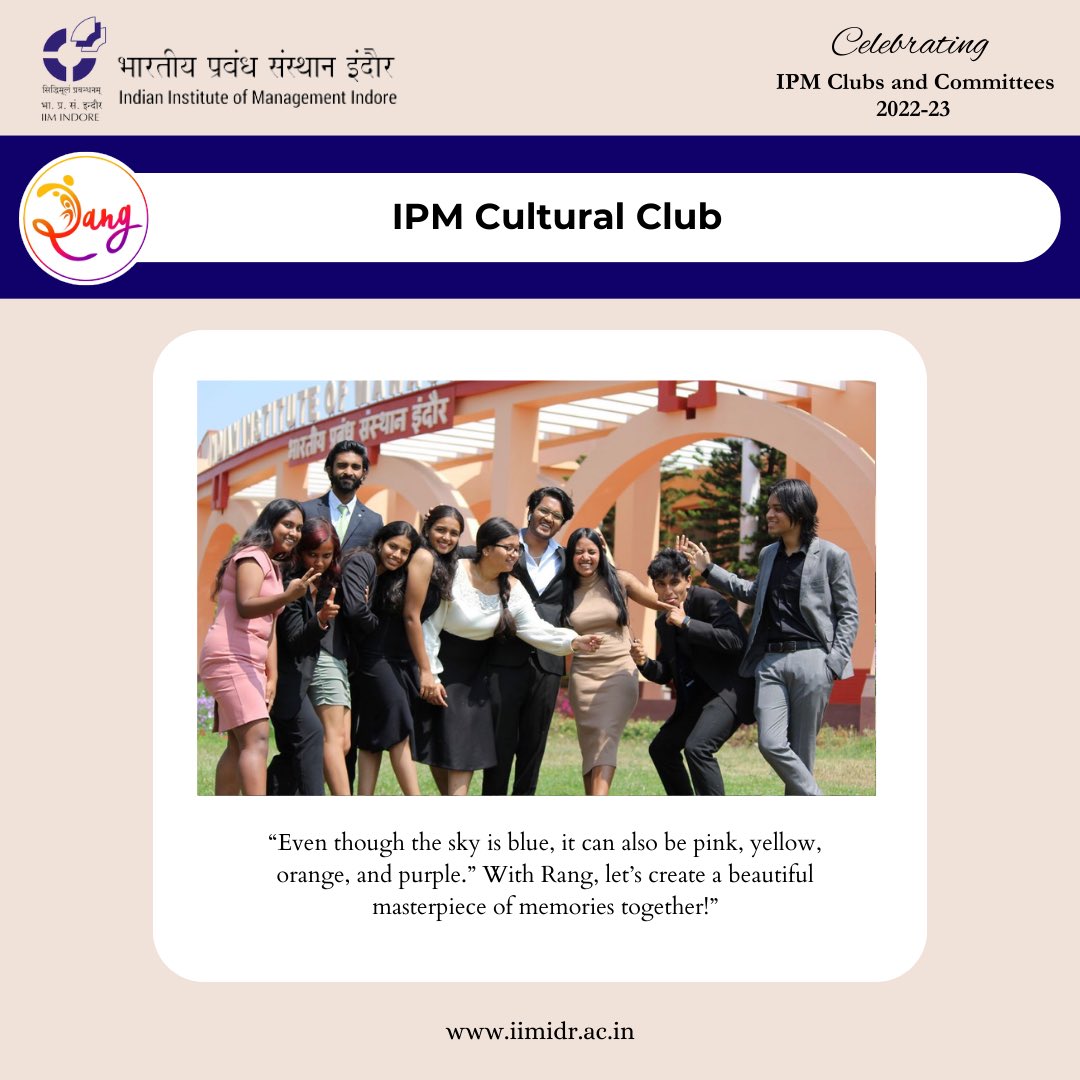 IIM_I's tweet photo. 7️⃣ IPM Cultural Club

IPM Cultural Club has never failed to ensure that the lives of the IPMers is a tapestry of memories through its events which embrace and celebrate diversity on campus.

#IIMIat26 #IIMI #IIMIndore #IPM #IPMAT #IPMIIMI #Culture #Celebrations https://t.co/LcggQyytzL