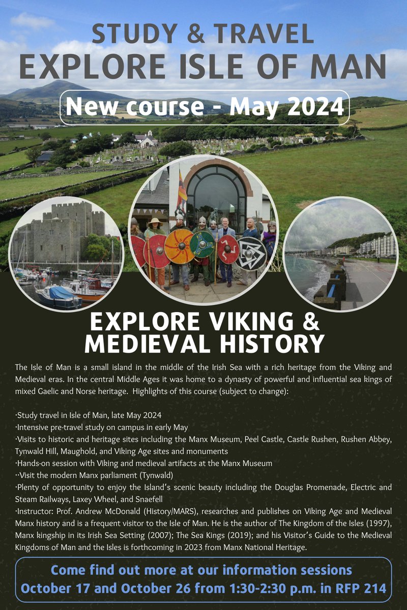 HistoryBrockU's tweet photo. Travel &amp; study Viking and Medieval History in the Isle of Man! Don't miss this amazing opportunity being offered in May 2024. Join Professor Andrew McDonald in an intensive, immersive experience abroad. Info sessions Oct 17 &amp; 26, 1:30pm in RFP214 @brockhumanities @BrockUMedieval https://t.co/eIWfoBtYd1