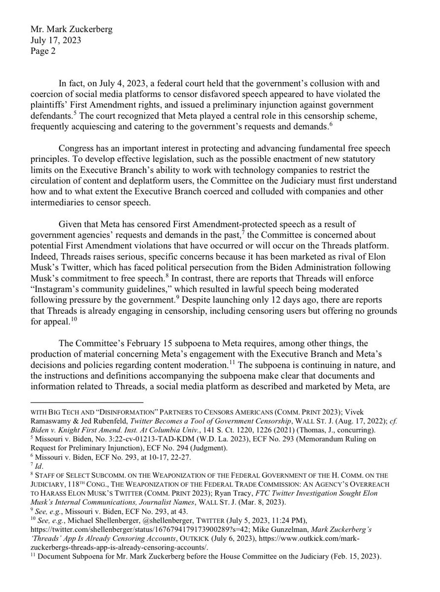 Jim_Jordan's tweet photo. Is Mark Zuckerberg’s “Threads” already working with the federal government to censor Americans? https://t.co/OdQeq1mCHQ