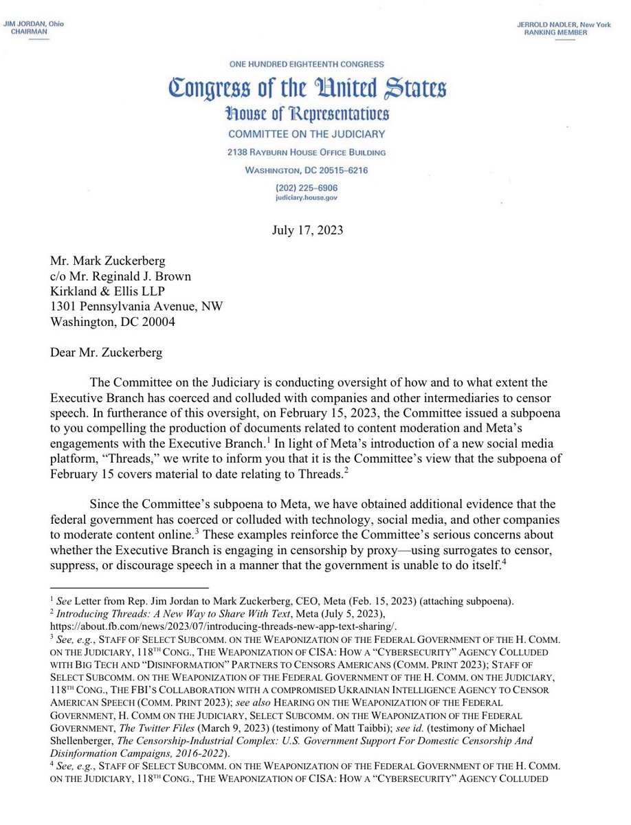Jim_Jordan's tweet photo. Is Mark Zuckerberg’s “Threads” already working with the federal government to censor Americans? https://t.co/OdQeq1mCHQ