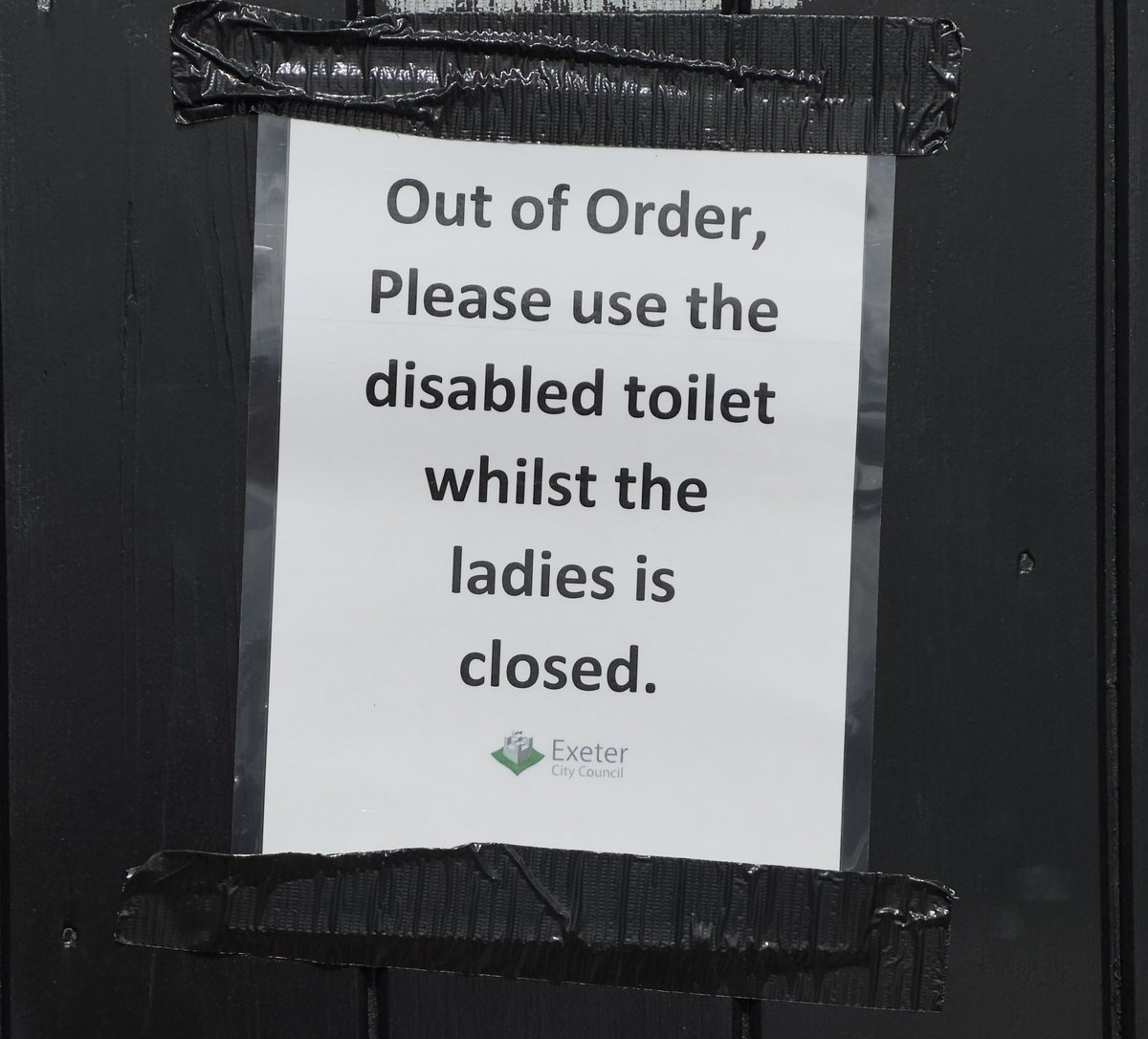 I have done a lot of championing on Twitter over the years so please allow this one folks. • Dear @ExeterCouncil, Under what circumstances is the preferred option to permanently close the “ladies facilities” & to open the one disabled toilet for their use? #OutofOrder indeed.