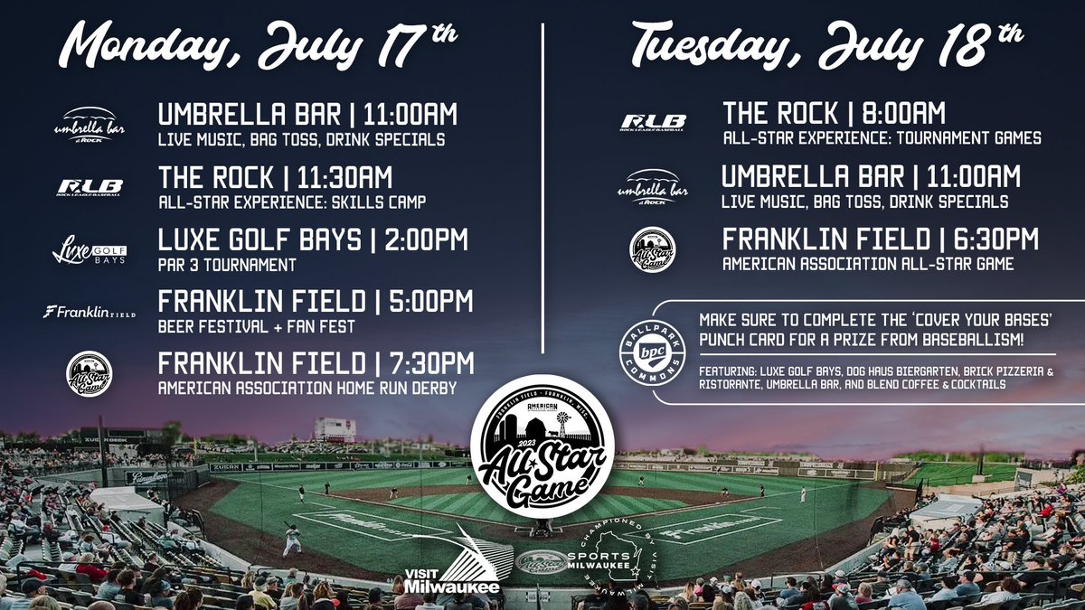 MKEMilkmen's tweet photo. The All-Star Game is HERE 🌟 Check out this AMAZING Lineup of events happening all over @BallparkCommons ⚾️👀

From a Beer Festival to a Par 3 Golf Tournament at @LuxeGolfBays, there's something for EVERYONE to enjoy!

See the full lineup ➡️ https://t.co/fKh4HR3RyB https://t.co/BrMXuOspaO