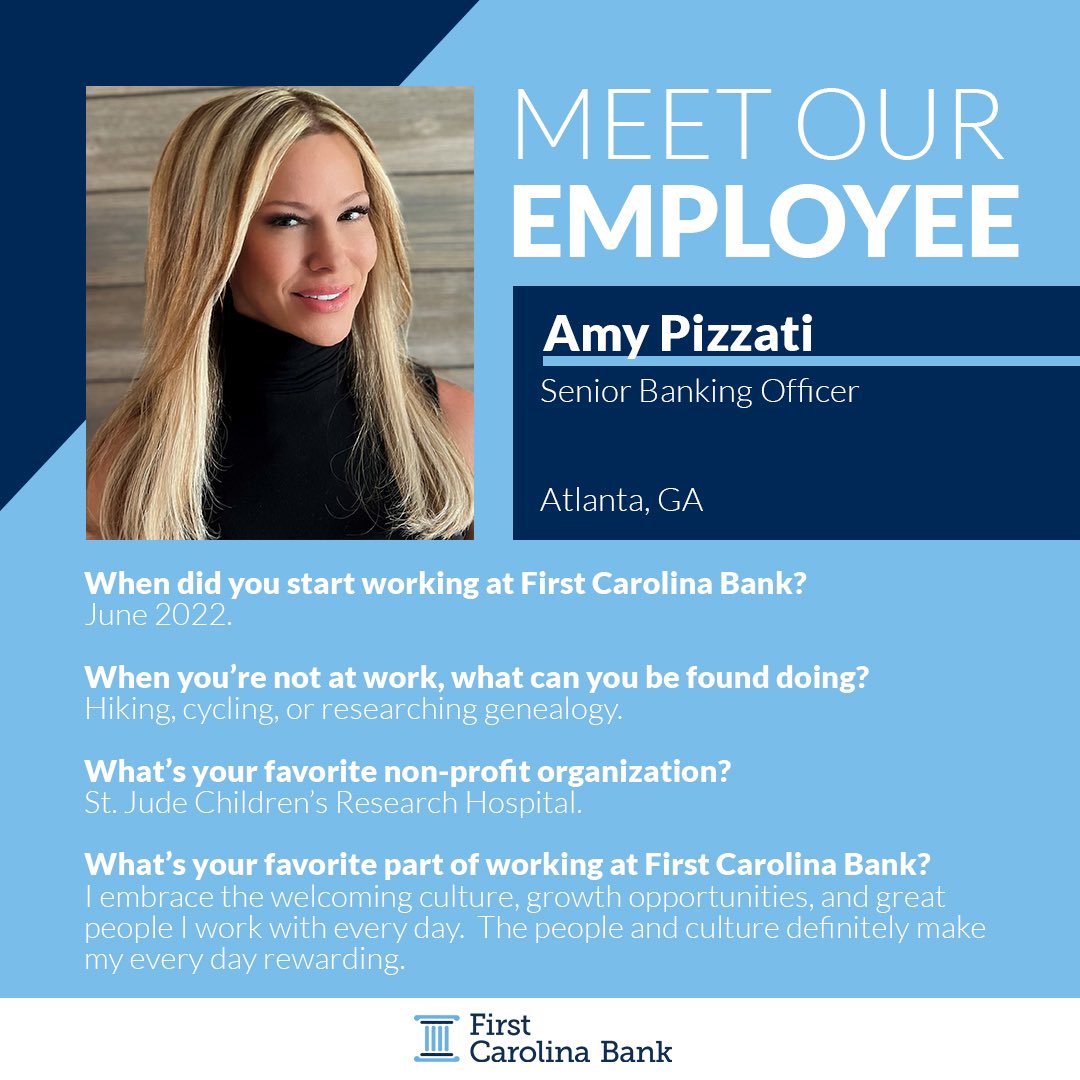 FirstCarolinaBk's tweet photo. At First Carolina Bank, our people, products, and personal service make us unique, and we want to introduce you to some of those people.
 
Meet our Atlanta Senior Banking Officer, Amy Pizzati! https://t.co/mcZXgcAM7k