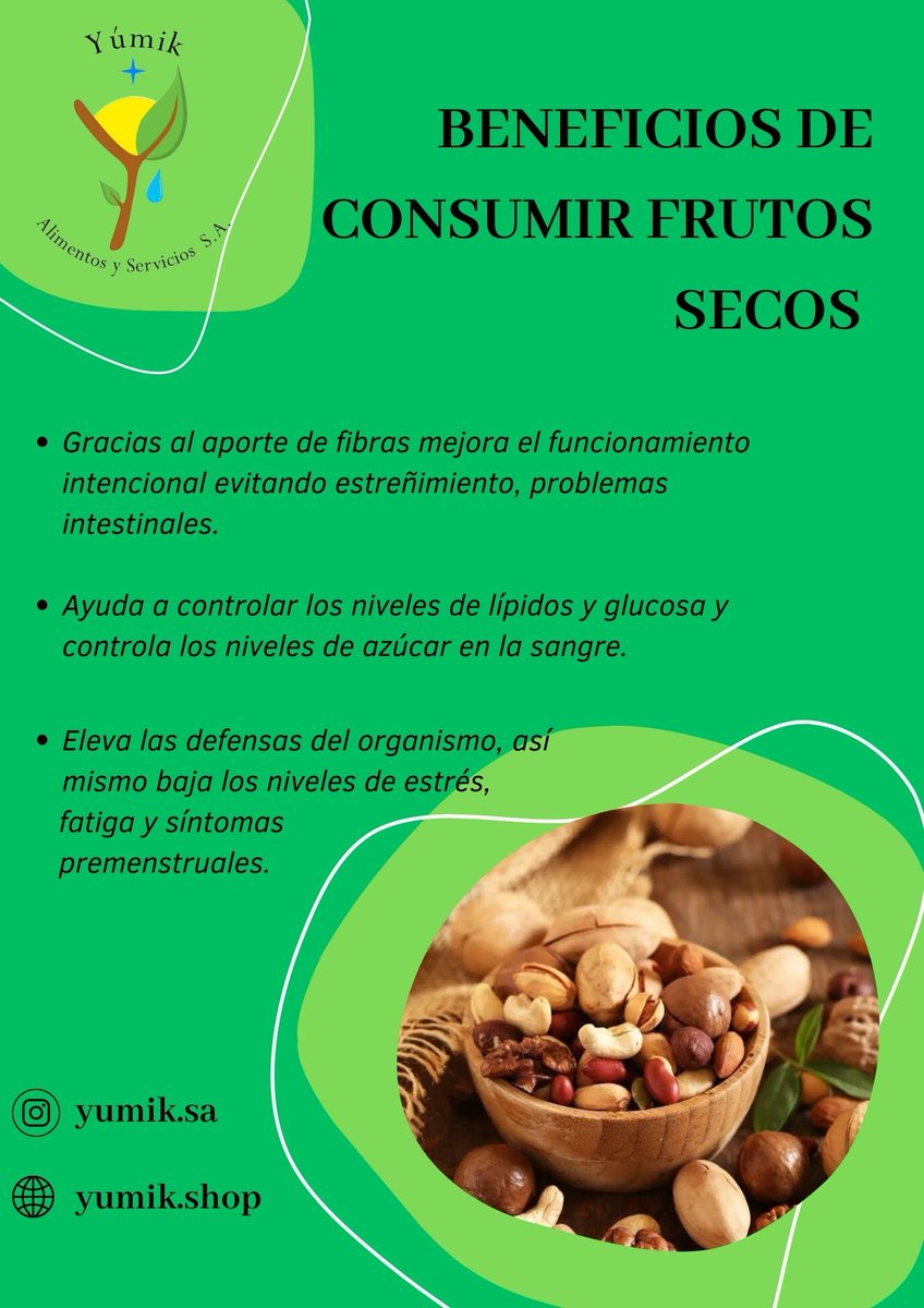 YumikSA's tweet photo. Estamos de vuelta! 
Conoce sobre los frutos secos y sus beneficios.

#saludable
#frutossecos
#yumiksa https://t.co/hmFqyqTfUm