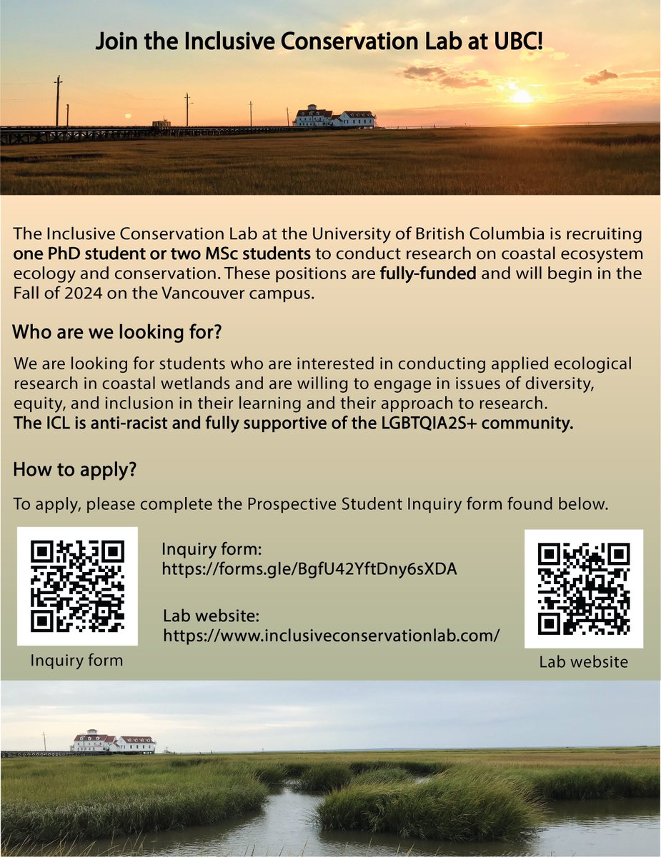 🚨Graduate student position(s) available!🚨 The Inclusive Conservation Lab at UBC (@ICL_UBC) is recruiting graduate students to conduct coastal wetland ecology and conservation research beginning in the Fall of 2024! See the attached flyer for details. Please spread the word!