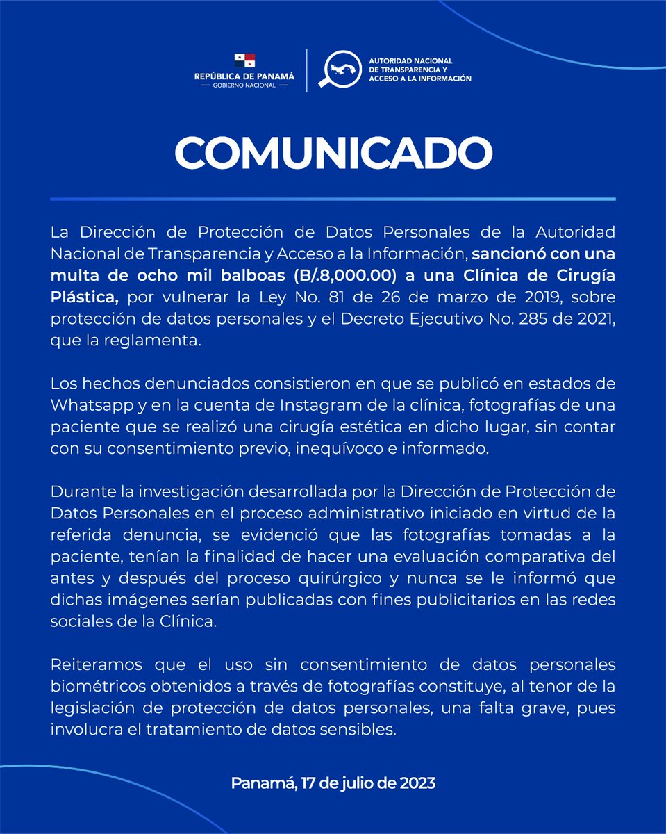 SoyMireyaRodrg1's tweet photo. La @ANTAI_Panama sancionó a una clínica de cirugía plástica por vulnerar la Ley 81 de Protección de Datos.
#sanción #datosprivados https://t.co/71LzGtAAha