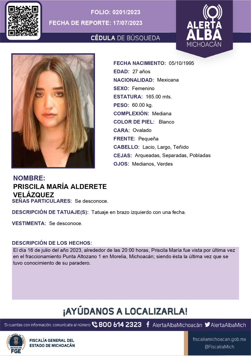 Solicitamos su apoyo para la búsqueda y localización de PRISCILA MARÍA ALDERETE VELÁZQUEZ de 27 años de edad. #Comparte #AlertaAlba #AlertaAlbaMichoacán #AyúdanosAEncontrarla #FGEMich #AlertaAlbaMichoacán
<a href="/BotDesaparecidx/">BotDesaparecidx</a>