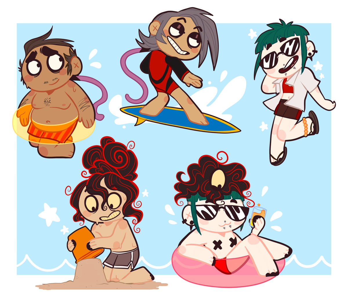 Bloodsuckrproxy's tweet photo. Uncanny Valley charas + You at the beach! I know Realtors wilt in heat and Doe's body can't be by water, but it's summer and I wanted to draw everyone having fun 🥺💕
Also more of this chibi style :3
#JohnDoe #JohnDoeGame #HouseHunted #HouseHunted2 #UncannyValley #UCV #FanArt #OC https://t.co/U4IcVp3I7r