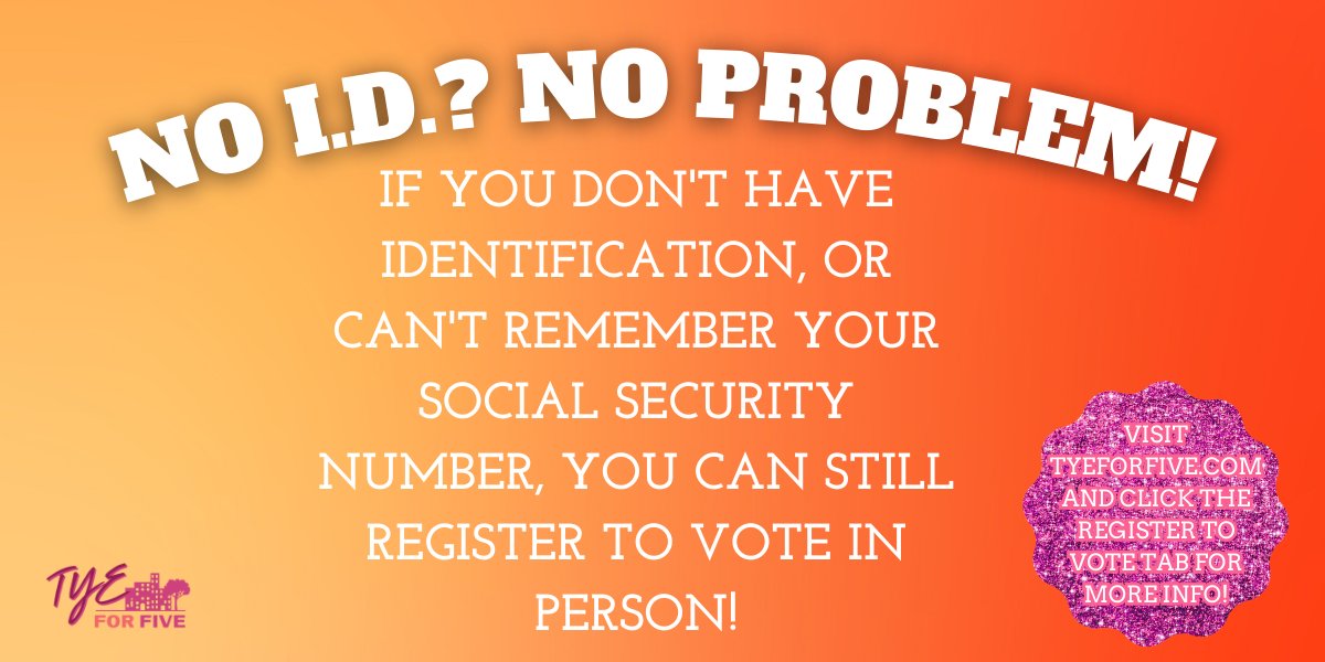 TyeForFive's tweet photo. 😊FRIENDLY REMINDER 😊
The last day to register to vote online is one week away! July 24th, 2023 is the final day voters can register online. After that, in person registration is available until 8pm on election day (8/1/23). ✔
#TyeForFive https://t.co/b3snjsKHCQ