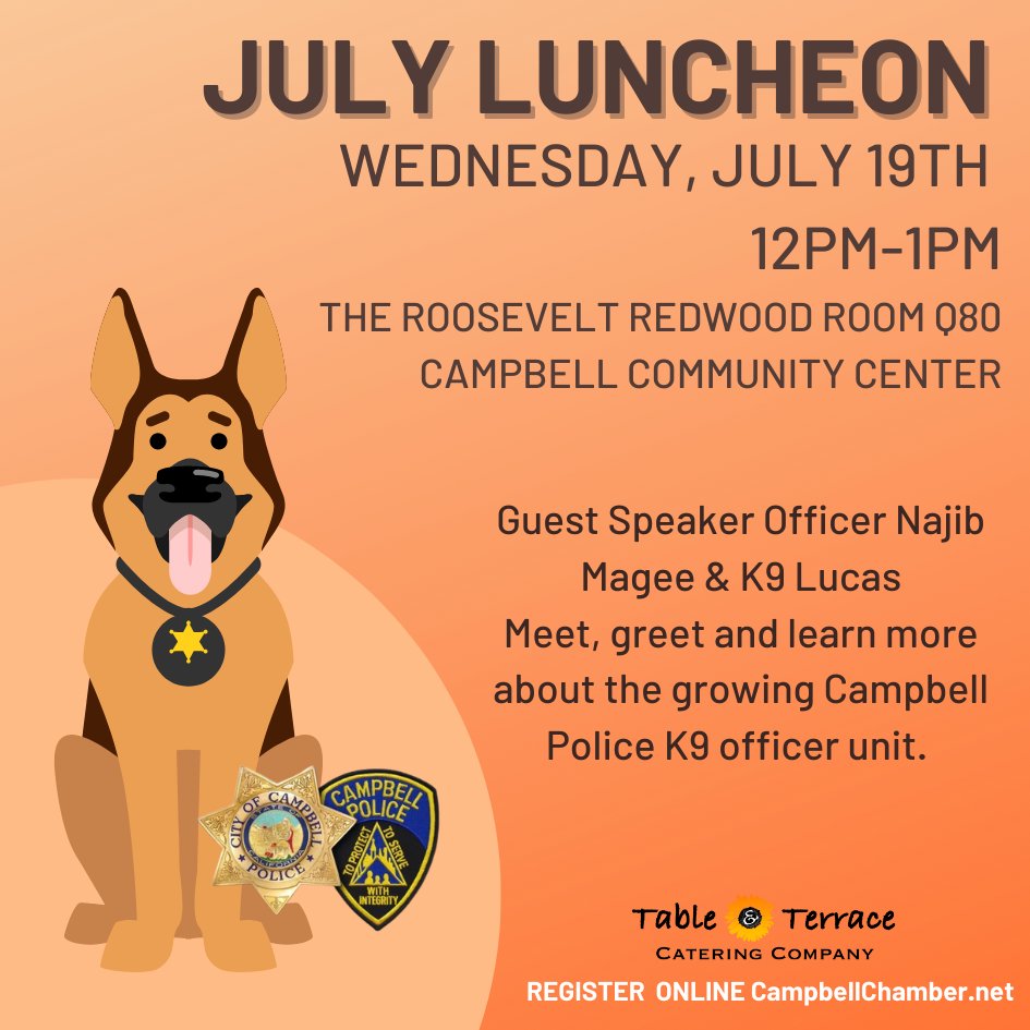 Chamber Enews for the Week of July 17th through July 21st, 2023

Learn about the Campbell PD K9 🐕 Unit at This Wednesday's Luncheon
Ribbon Cutting at MB Photomedicine Thursday
Early Bird Pricing for Golf 🏌🏾‍♀️ Extended

Read all about it at https://con