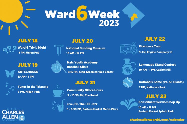 CMCharlesAllen's tweet photo. #Ward6Week is here! Join @charlesallen for summer fun at events throughout Ward 6 all week, starting with trivia tomorrow night at Union Pub! Check out the full schedule and RSVP: https://t.co/j2TMc7V0C1 https://t.co/OHBT6EdoJZ