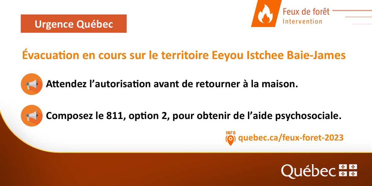 urgencequebec's tweet photo. #feuxdeforet🔥
Évacuation à #radisson, #Chisasibi, #Eastmain, #Nemaska, #Waswaganish et #Wemindji.
❗️Attendez l'autorisation pour retourner à la maison.
📞Appelez Info-Social, au numéro 811, option 2, pour de l'aide psychosociale.
👉https://t.co/mEAATuzk4H
@sante_qc
@SOPFEU https://t.co/pdDNgsTvrY