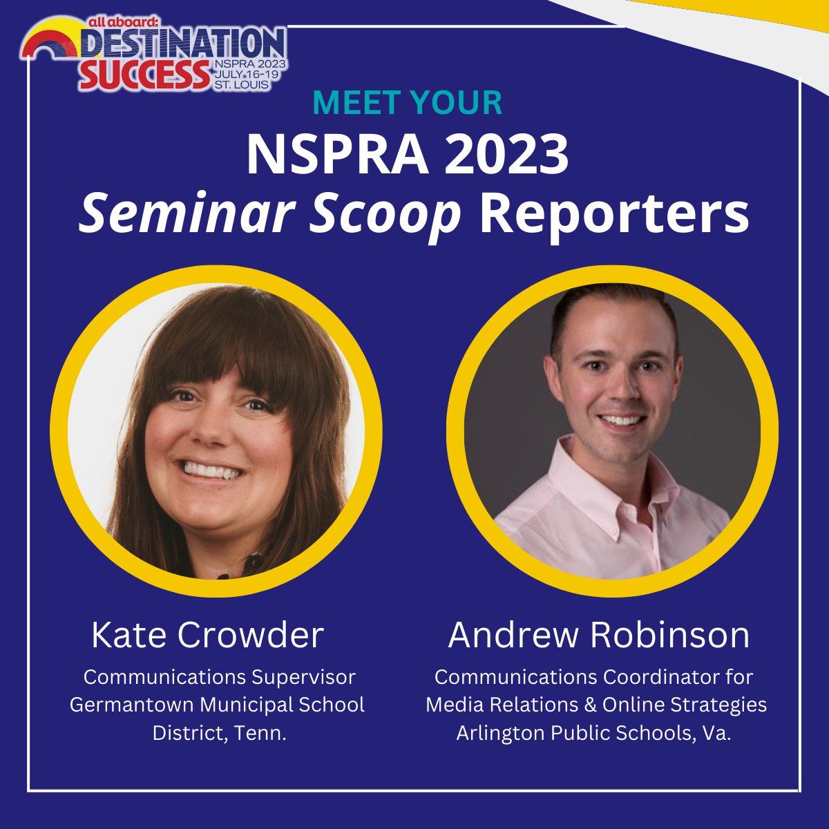 NSPRA's tweet photo. HUGE shoutout to our #NSPRA2023 "Seminar Scoop" reporters @mrskcrowder and @RobinsonReports. Attendees, check your inbox each morning for daily highlights, must-read stories from the event and more. You can also access at https://t.co/1ofNgI8hcD! https://t.co/Diuwik4asM