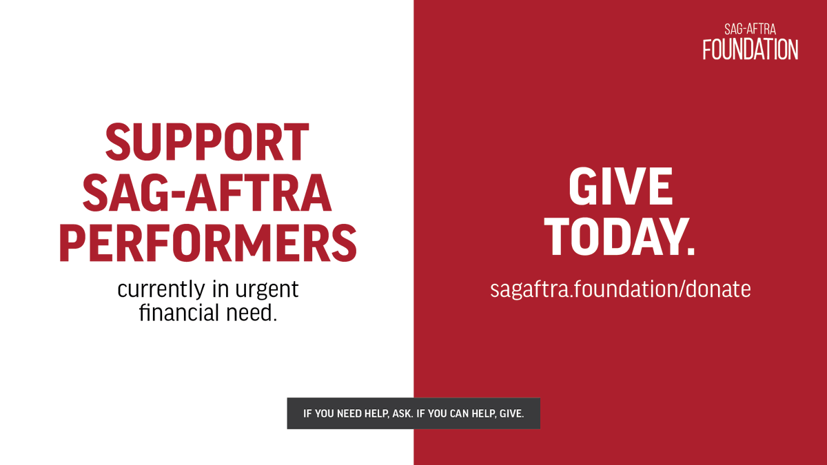 sagaftraFOUND's tweet photo. If you want to support the SAG-AFTRA strike, please give a donation to our Emergency Financial Assistance Program to help @sagaftra performers and their families in urgent financial need due to the work stoppage.

Give today at https://t.co/DWeBg2AiDf

#sagaftrastrong https://t.co/5bN6r6oewX