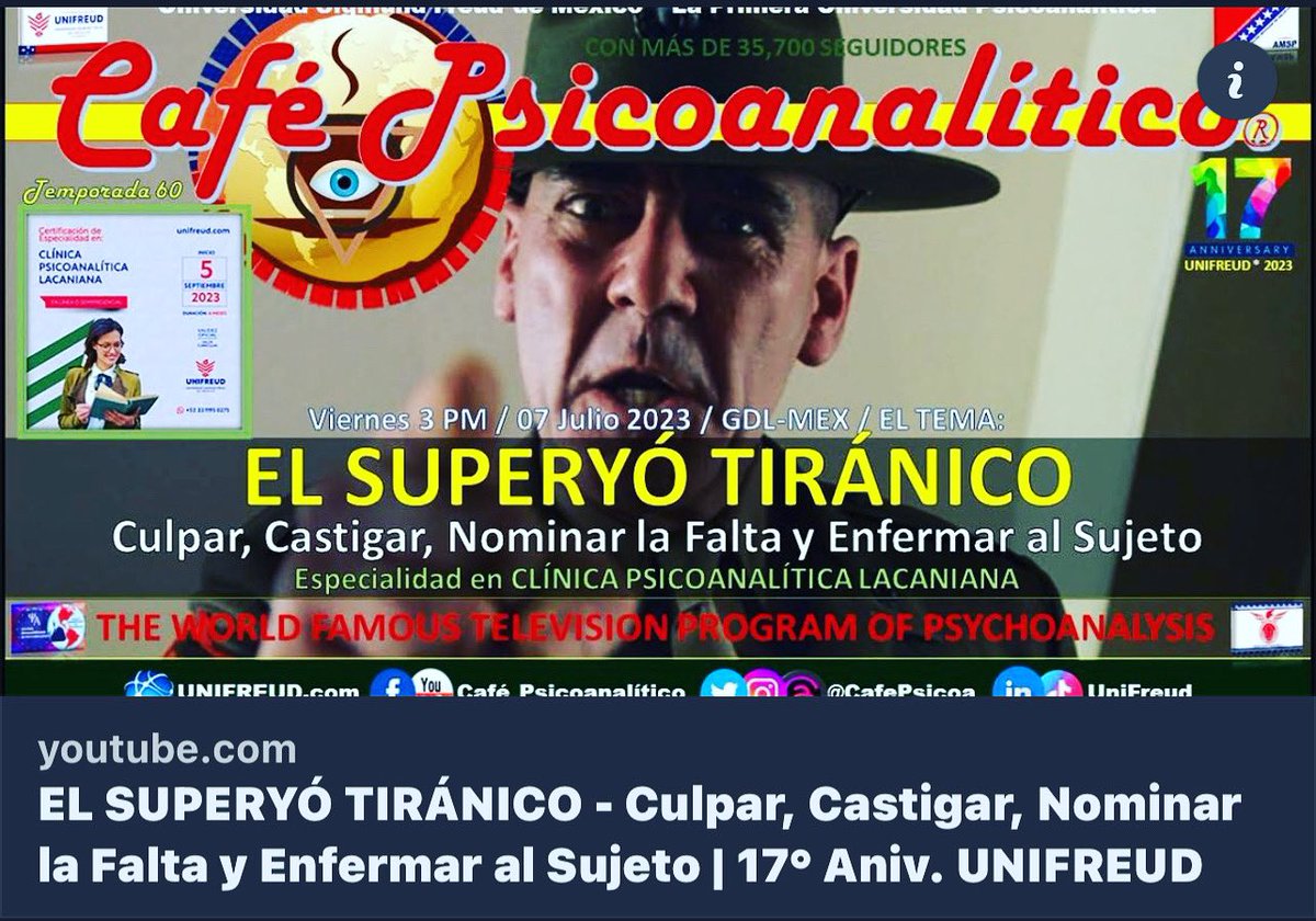 CafePsicoa's tweet photo. En @CafePsicoa tratamos el tema: EL #SUPERYO #tiranico - #culpar, #castigar, NOMINAR LA #FALTA Y #ENFERMAR
#unifreud #CafePsicoanalitico #psicoanalisis #psicopatologia #psicoterapia #PsicoanalisisMexico #PsicoanalisisGuadalajara #PsicoanalisisArgentina
https://t.co/00nsA2m6lz https://t.co/8szviN0GGs