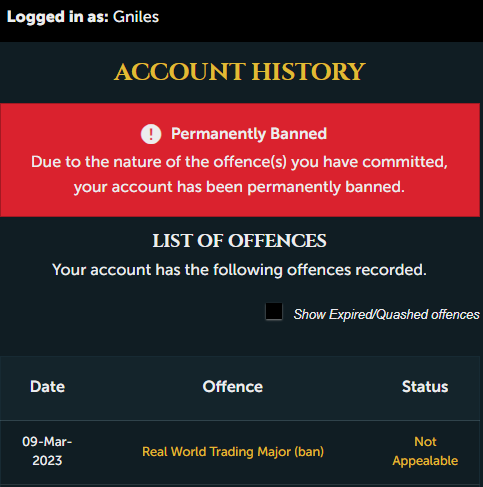 GnilesRIP's tweet photo. @JagexTwisted  Can you look into this ban, trident names me specifically and I have NEVER SOLD GOLD rwt major ban is bogus. I cant appeal and ive never comitted the offence. help please. #FREEGNILES https://t.co/Q2KYusYjlN