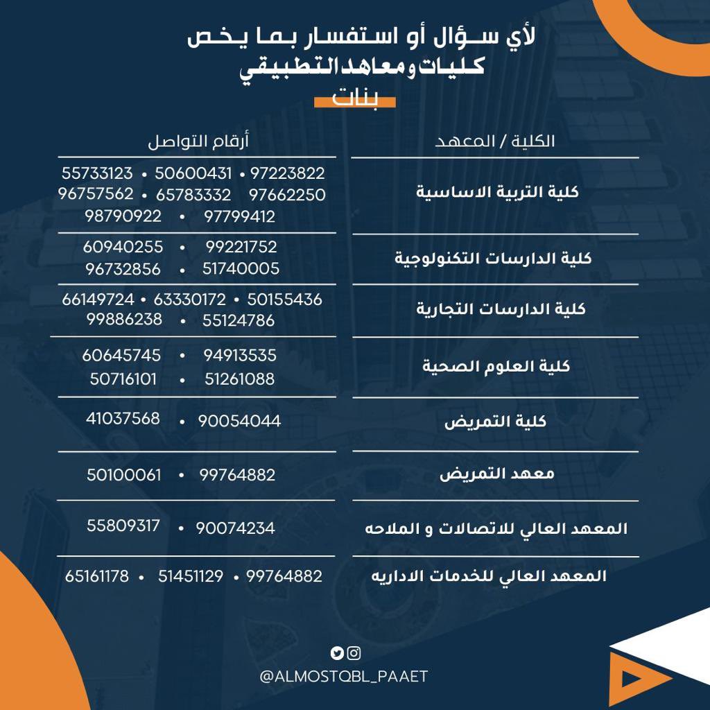 zalsh_97's tweet photo. لـخريجين وخريجات الثانويه العامة 🧡🎓

الراغبين بالاستفسار عن الدراسة في كليات ومعاهد #التطبيقي يرجى التواصل مع الأرقام التالية، أعضاء وعضوات قائمة المستقبل الطلابي على أتم الاستعداد لخدمتكم طوال مسيرتكم الدراسية

#paaet
#المستقبل_الطلابي🧡💙 https://t.co/GrnvxZJVAH