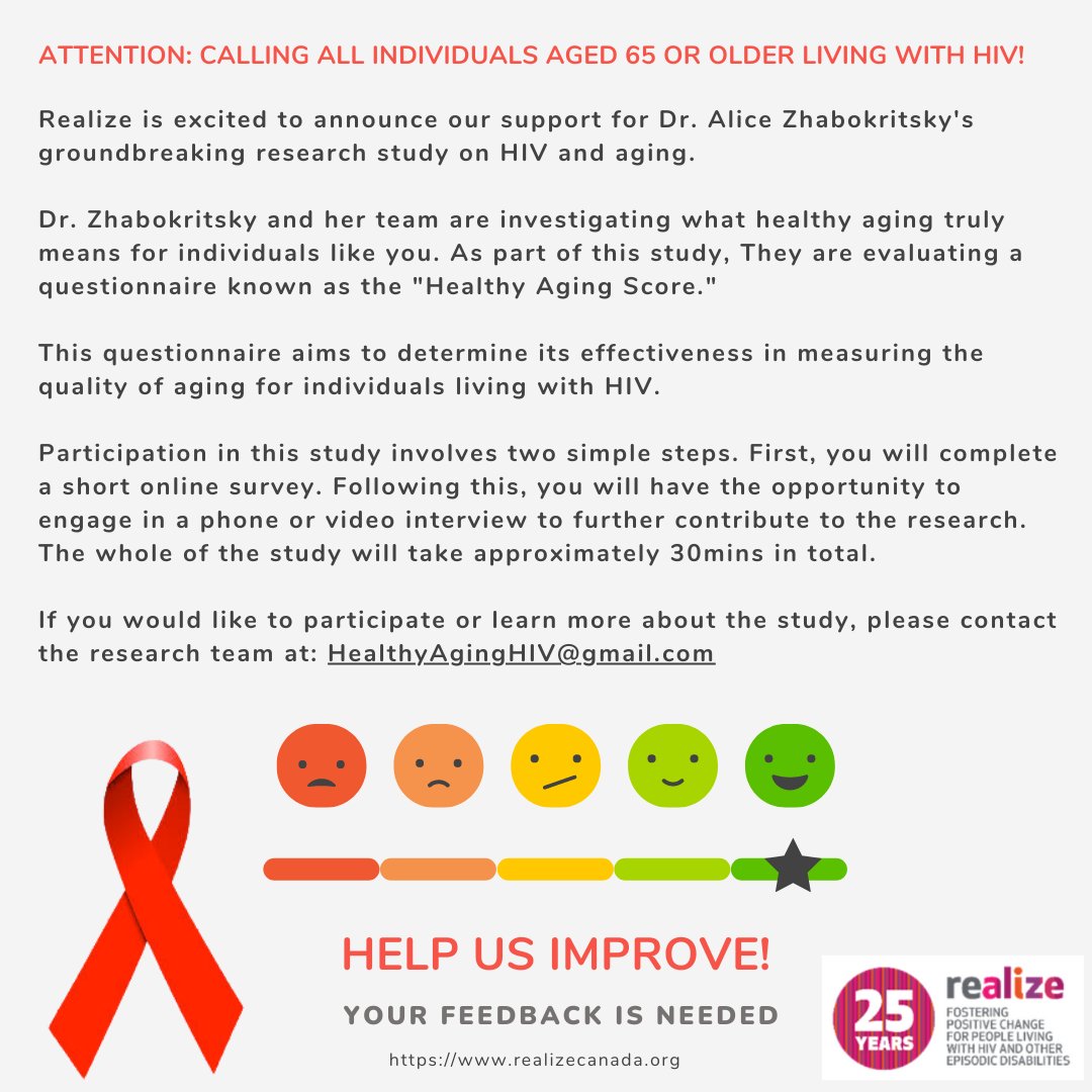 HIVandRehab's tweet photo. Are you 65 or older and living with HIV?
We are interested to know what healthy aging means to you.
We are conducting a study, evaluating a questionnaire call the “Healthy Aging Score”, to determine whether this is a good tool for measuring how well someone is aging with HIV. https://t.co/K3L36QvBLm