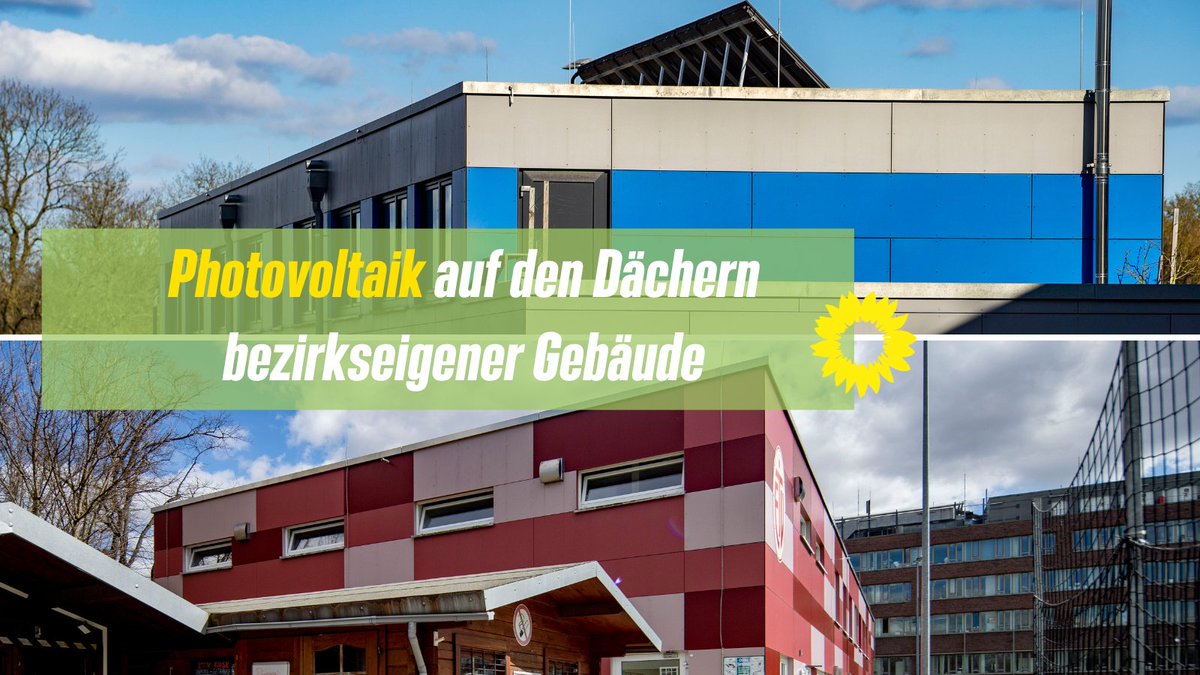 Auf Antrag der Grünen Bezirksfraktion #Eimsbüttel (Drucksache 21-1221) erhalten jetzt erste bezirkseigene Bestandsgebäude (Bundesstr. 103, Vogt-Kölln-Str. 50) PV-Anlagen. Der Ökostrom wird ins öffentliche Netz eingespeist &amp; den Nutzern zum direkten Verbrauch angeboten.🌻😊