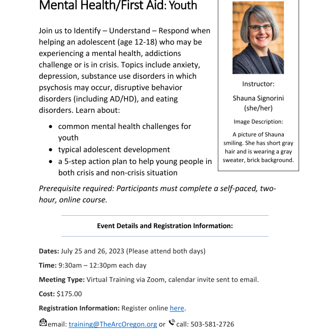 TheArcOregon's tweet photo. Mental Health First Aid- Youth  https://t.co/LQBzexuAN7
#MentalHealth #OnlineTraining #ProfessionalDevelopment
https://t.co/7ncUnVYbyA https://t.co/eSpCz2I9hm