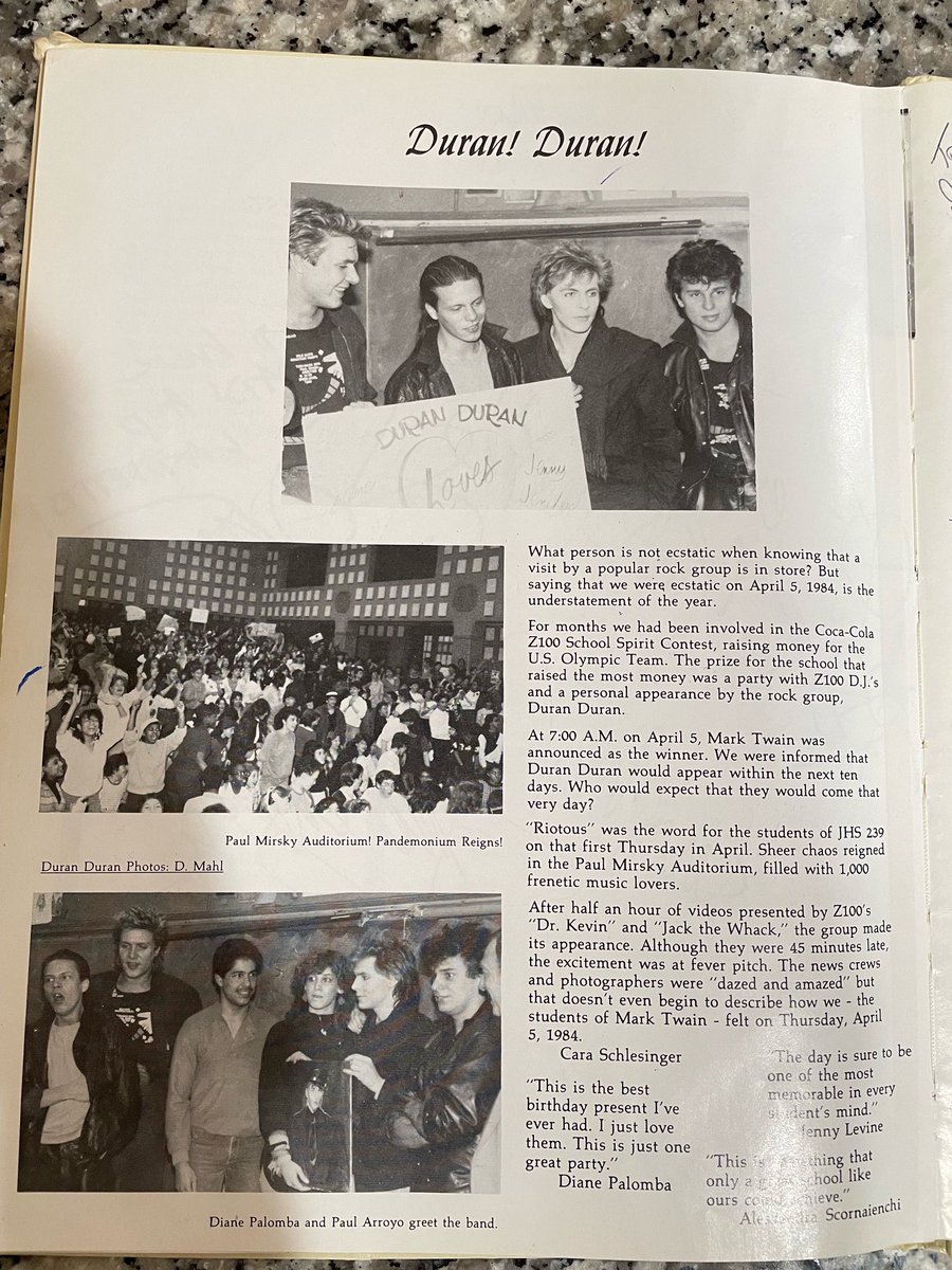 Inspired by #duranspotting that I occasionally see posted by <a href="/anniezaleski/">Annie Zaleski</a> and <a href="/duranduran/">Duran Duran</a> : A co-worker of mine shared this yearbook page with me. Her father attended the NYC middle school that won a <a href="/Z100NewYork/">Z100 New York</a> contest in 1984. The prize? A visit from D2!