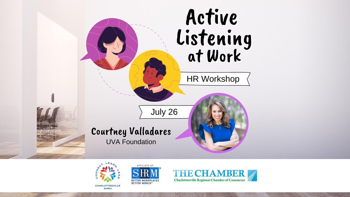 Charlottesville Regional Chamber of Commerce (@cvillevachamber) on Twitter photo Did you know the number one complaint from leaders and managers is “poor communication”? Join <a href="/cvilleshrm/">Charlottesville SHRM</a> at the Chamber July 26 to learn how active listening can make you a better communicator!
business.cvillechamber.com/events/details…
#humanresources #charlottesville #cville #albemarlecountyva Did you know the number one complaint from leaders and managers is “poor communication”? Join <a href="/cvilleshrm/">Charlottesville SHRM</a> at the Chamber July 26 to learn how active listening can make you a better communicator!
business.cvillechamber.com/events/details…
#humanresources #charlottesville #cville #albemarlecountyva