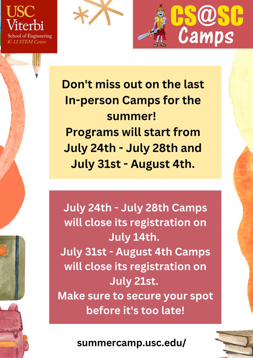 Go to summercamp.usc.edu to sign up today! Join us for a fun filled time at CS@SC Summer Camp 🏕️
