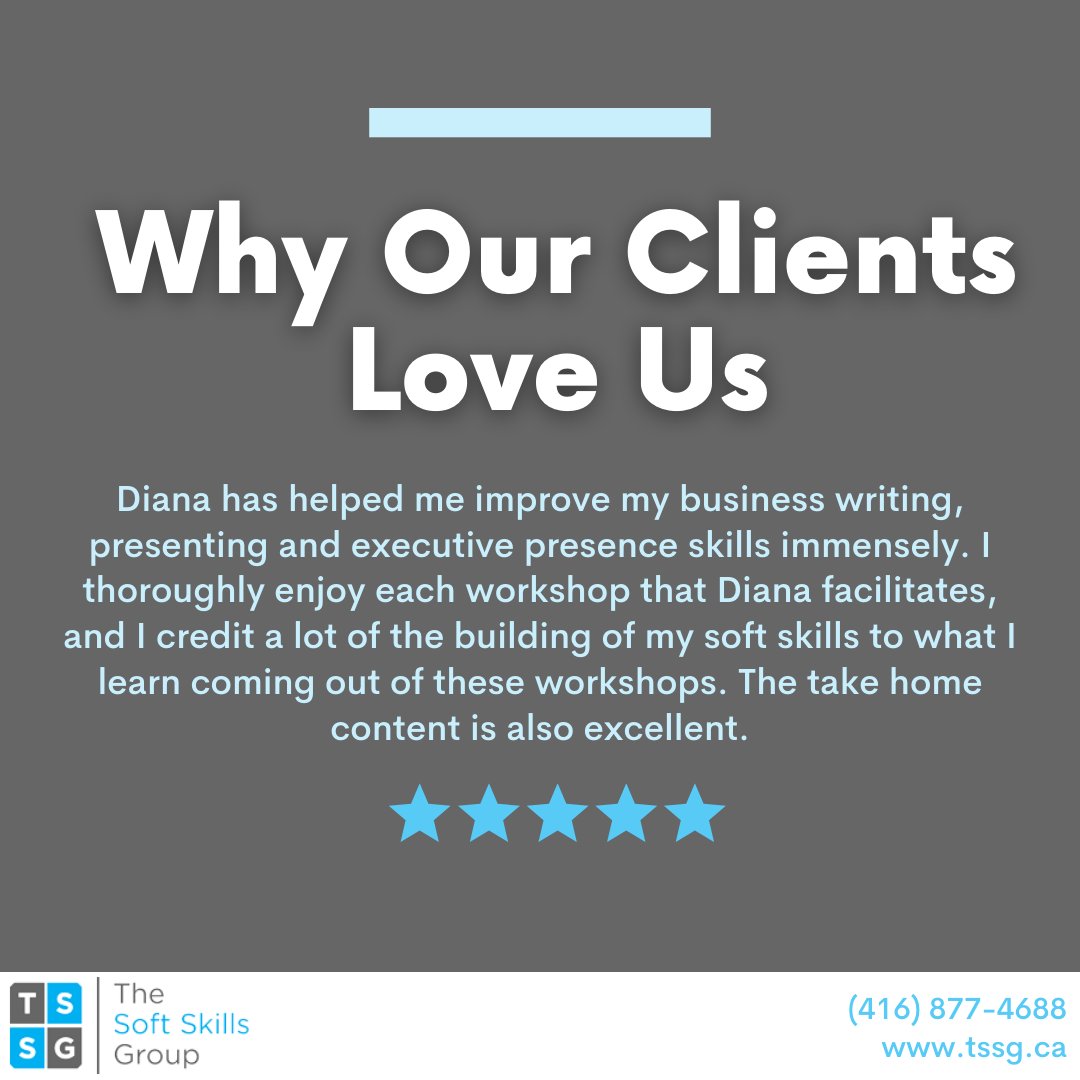 tssginc's tweet image. &quot;Diana has helped me improve my business writing, presenting and executive presence skills immensely. I thoroughly enjoy each workshop that Diana facilitates, and I credit a lot of the building of my soft skills to what I learn coming out of these workshops..&quot; 
#clienttestimonies