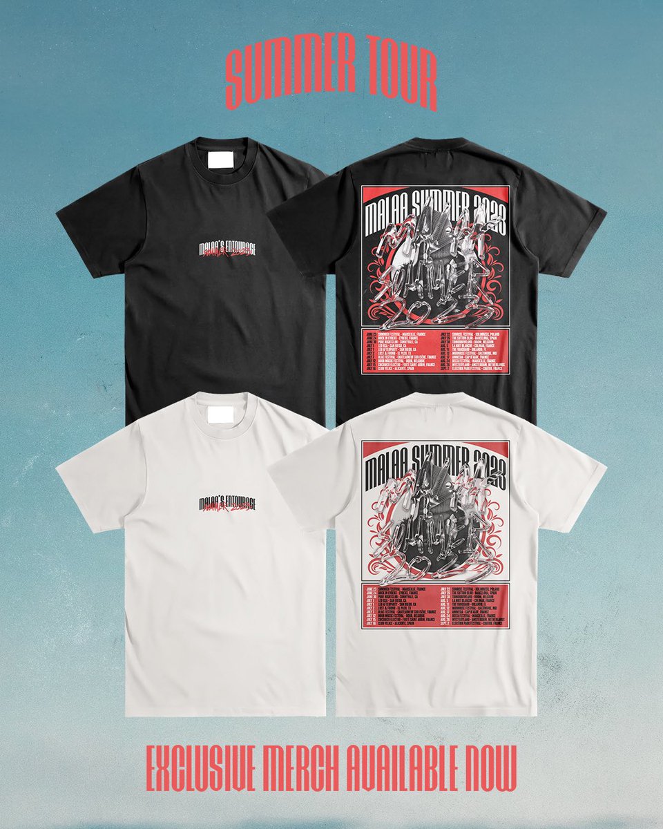 Malaamusic's tweet photo. The Summer Tour '23 t-shirts are available now ! Don’t sleep, limited quantity ! https://t.co/MMeDCdwbdT https://t.co/vVc8tym7LB